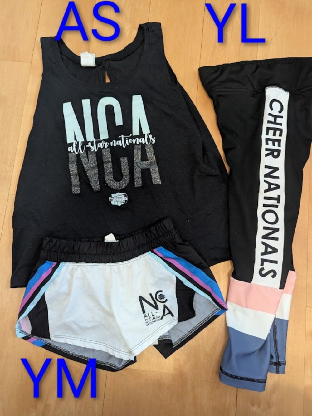 Varsity NCA All Star Cheer Nationals athletic set tank, shorts, leggings AS YL Y